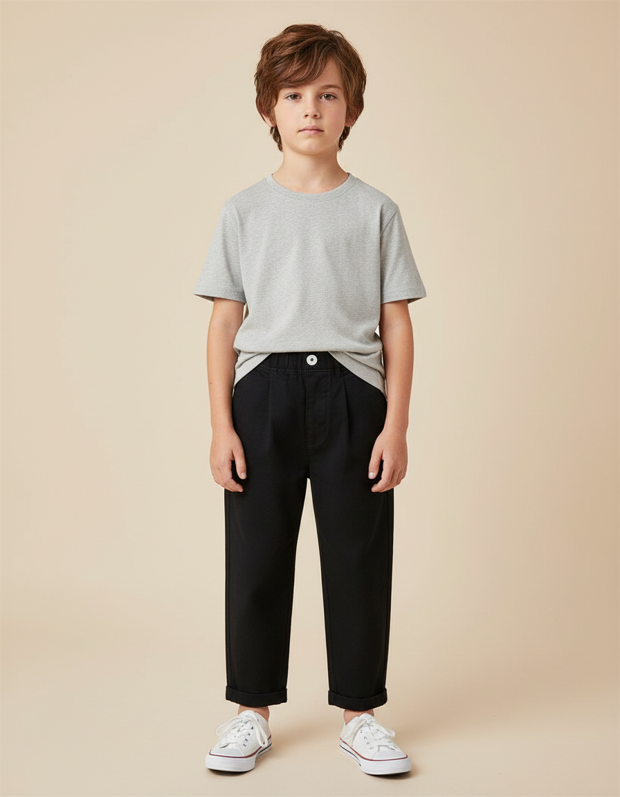 Pantalon Noir Ample Coton Plissé Garçon - Toile