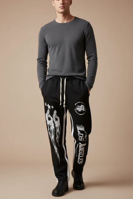 Pantalon Noir Évasé Imprimé Graffiti Streetwear Cordon Homme - Molleton
