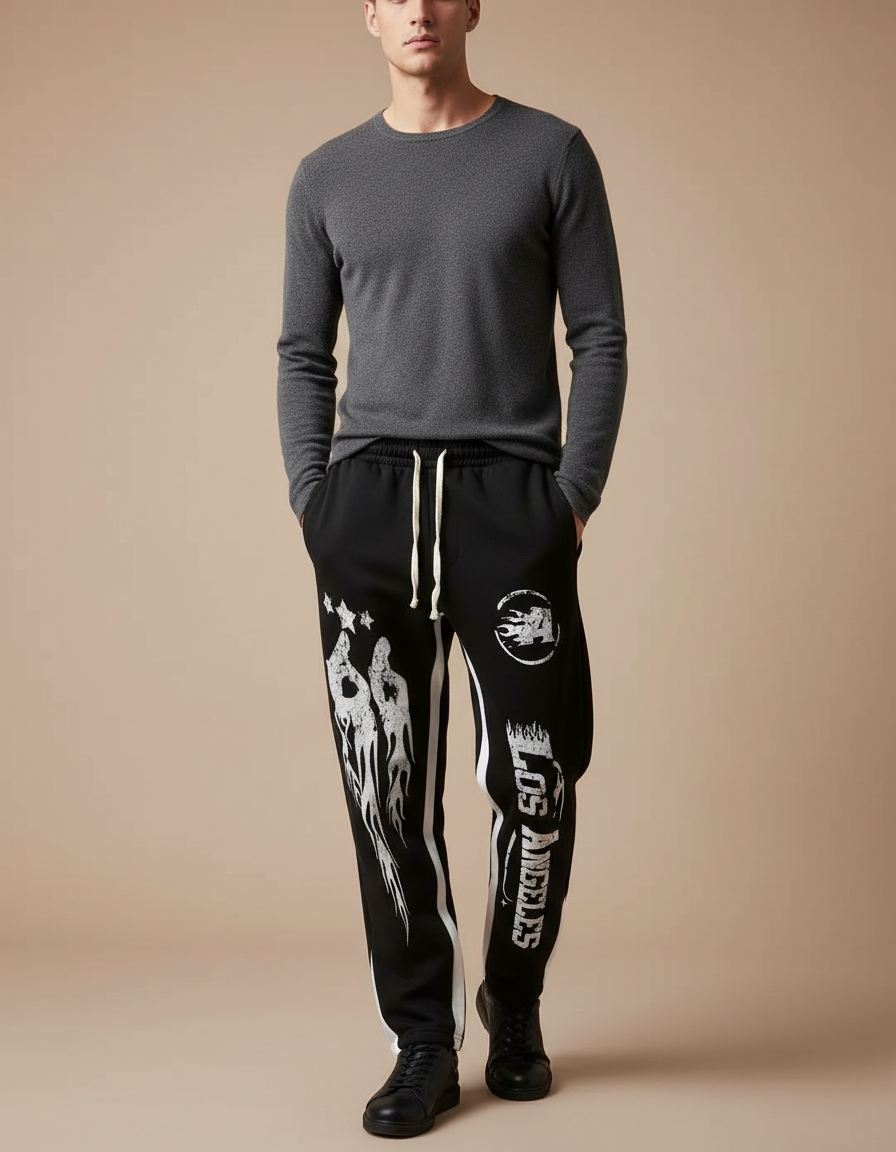 Pantalon Noir Évasé Imprimé Graffiti Streetwear Cordon Homme - Molleton