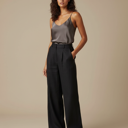 Pantalon Noir Fluide Lin Plissé Femme Chic