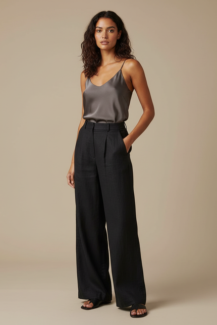 Pantalon Noir Fluide Lin Plissé Femme Chic