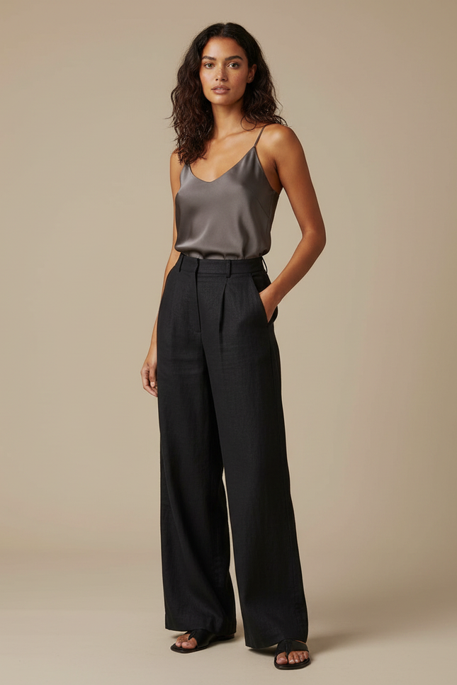 Pantalon Noir Fluide Lin Plissé Femme Chic