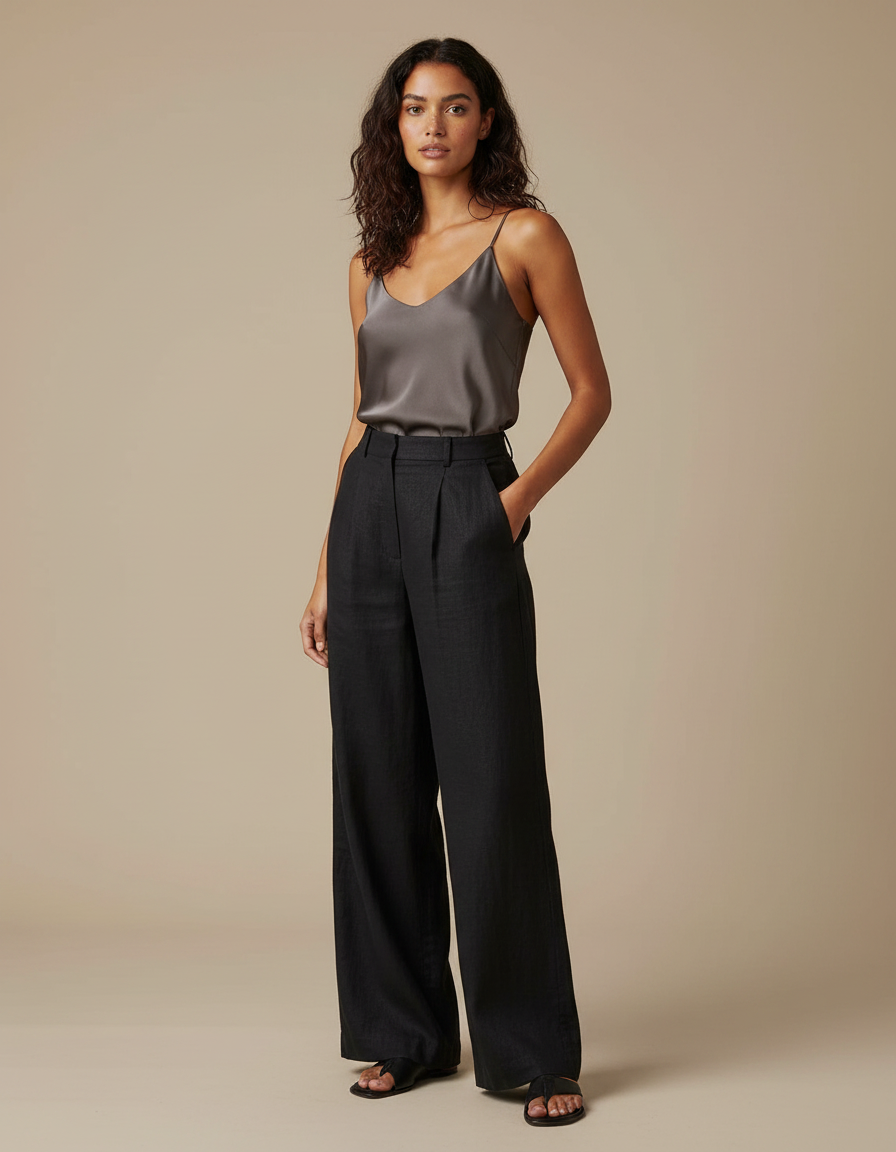 Pantalon Noir Fluide Lin Plissé Femme Chic