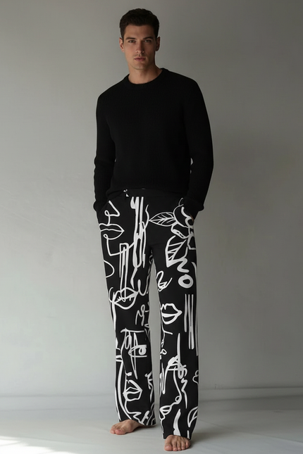Pantalon Noir Ample Imprimé Abstrait Décontracté Homme - Maille