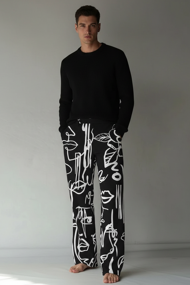 Pantalon Noir Ample Imprimé Abstrait Décontracté Homme - Maille