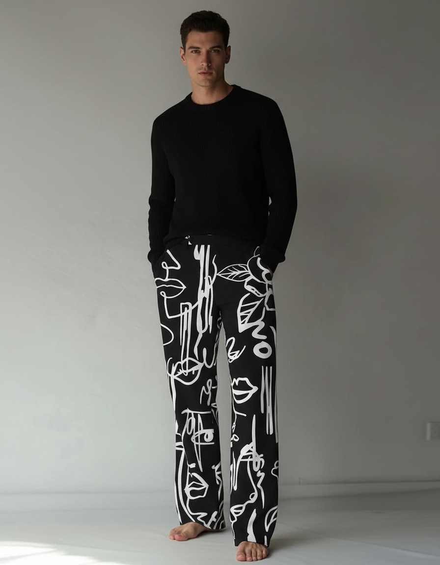 Pantalon Noir Ample Imprimé Abstrait Décontracté Homme - Maille
