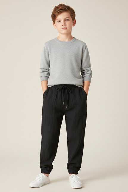 Pantalon Noir Jogger Coton Lin Ample Garçon