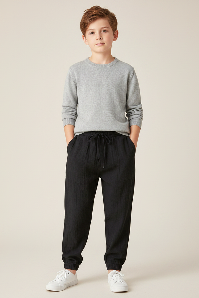 Pantalon Noir Jogger Coton Lin Ample Garçon