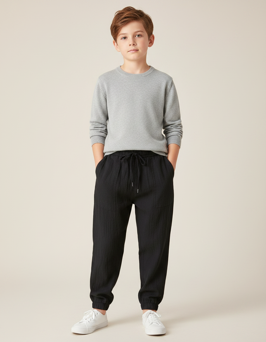 Pantalon Noir Jogger Coton Lin Ample Garçon