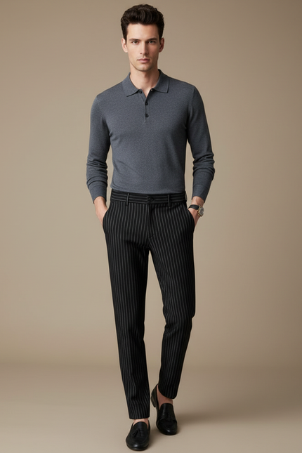 Pantalon Noir Rayé Slim Habillé Élégant Formel - Laine