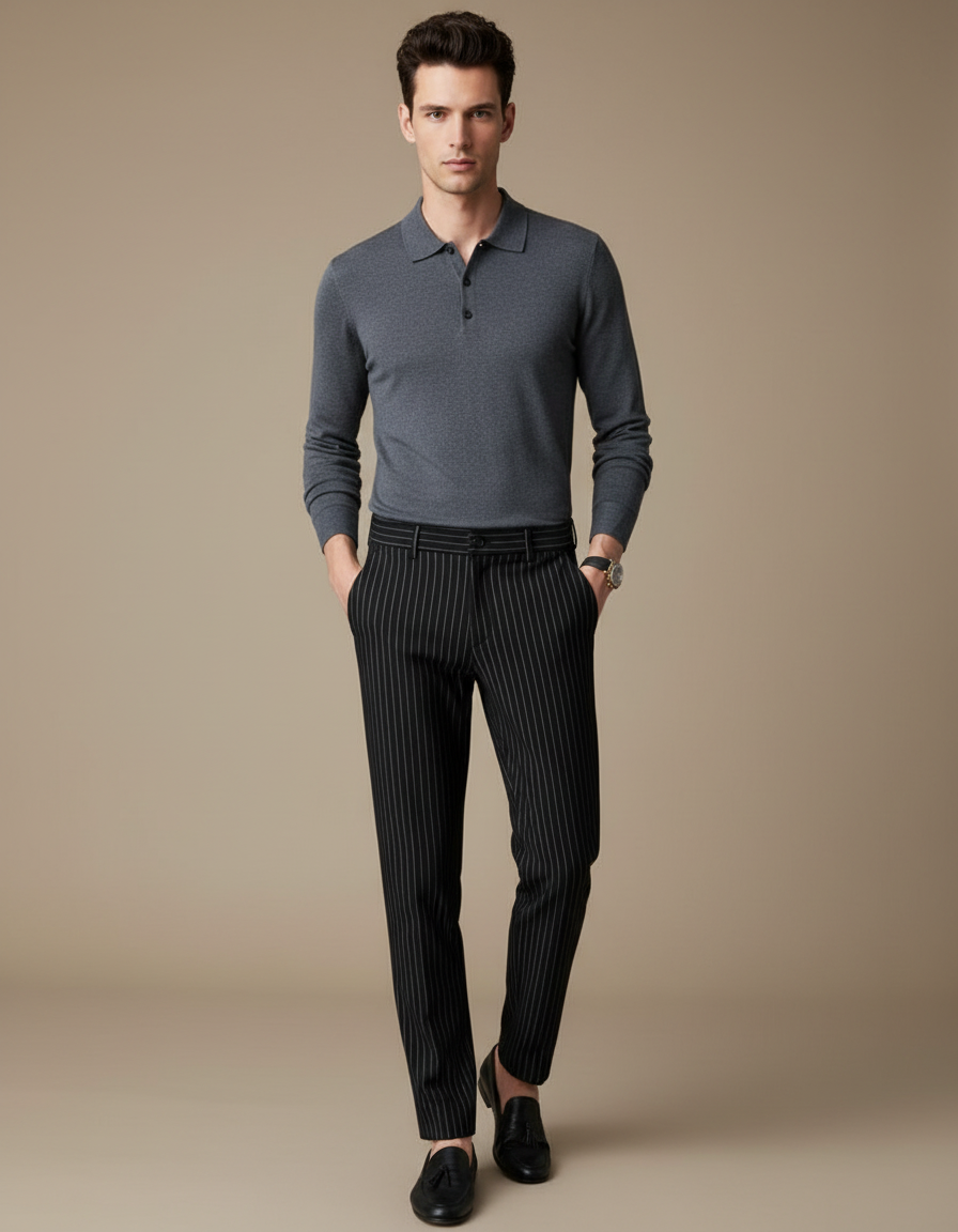 Pantalon Noir Rayé Slim Habillé Élégant Formel - Laine