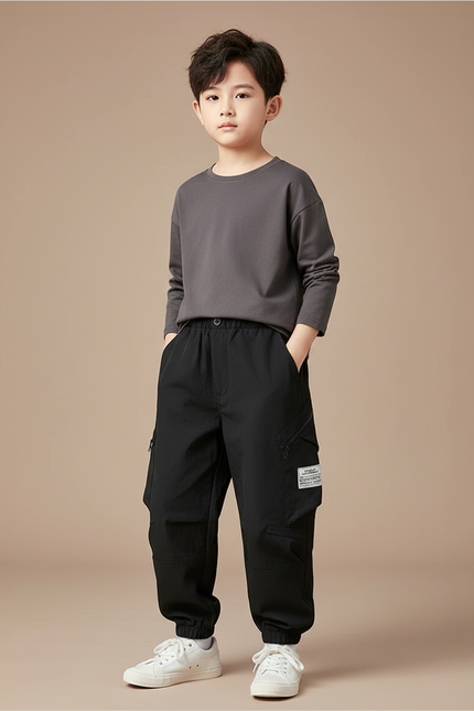 Pantalon Noir Cargo Enfant Décontracté Poches Latérales - Polyester