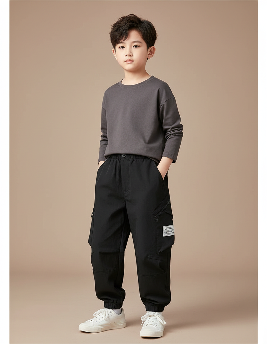 Pantalon Noir Cargo Enfant Décontracté Poches Latérales - Polyester