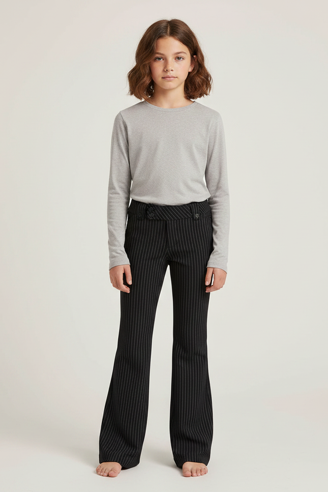 Pantalon Noir Rayé Évasé Ajusté Élégant Fille - Gabardine