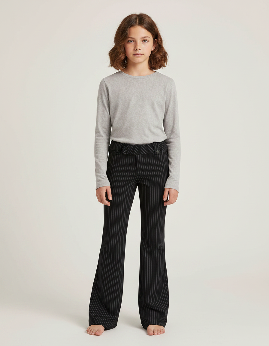 Pantalon Noir Rayé Évasé Ajusté Élégant Fille - Gabardine