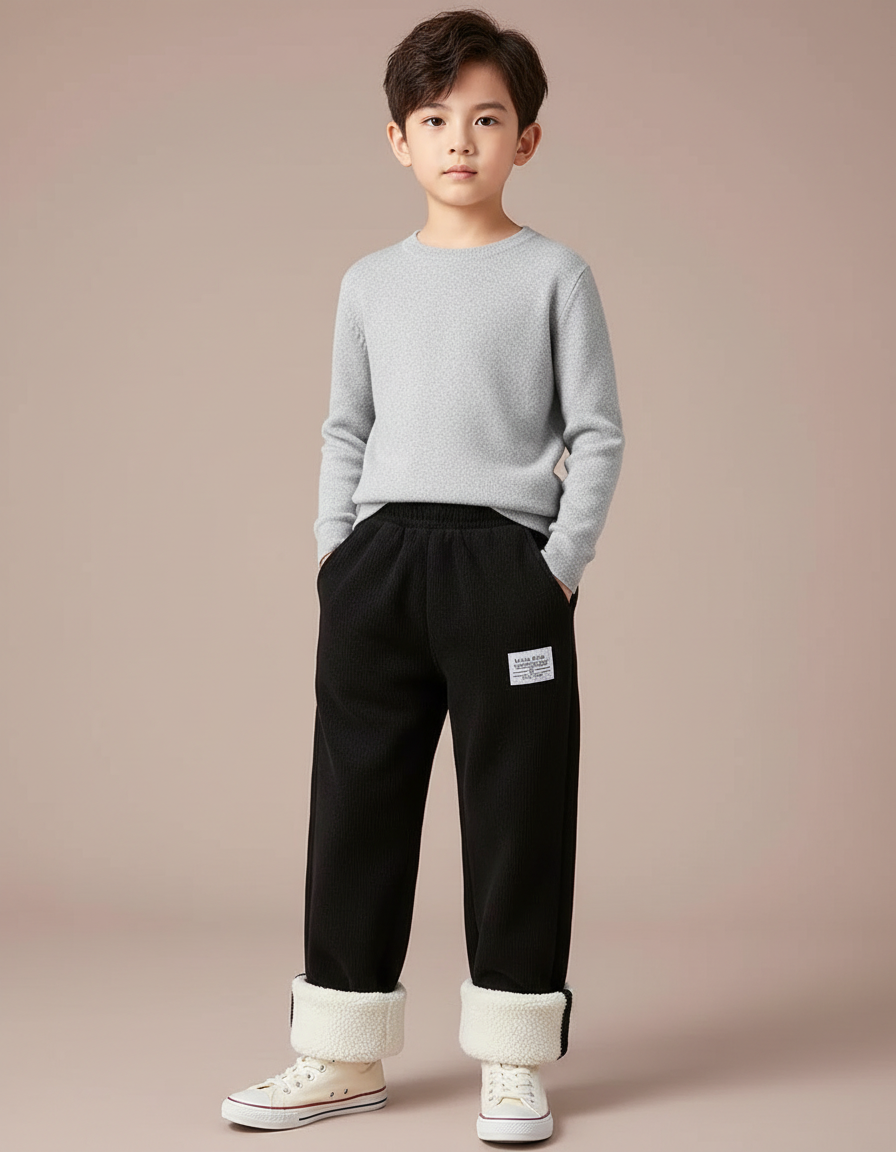 Pantalon Noir Côtelé Doublé Sherpa Enfant Hiver - Cordé