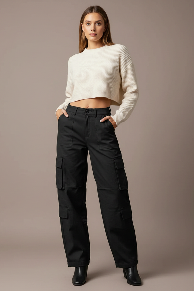 Pantalon Noir Cargo Ample Décontracté Femmes - Toile
