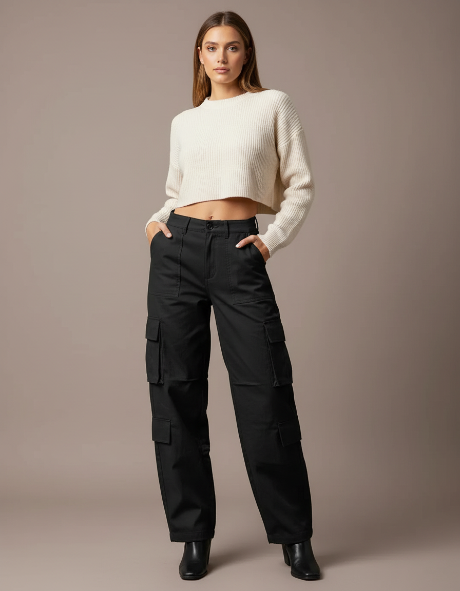 Pantalon Noir Cargo Ample Décontracté Femmes - Toile