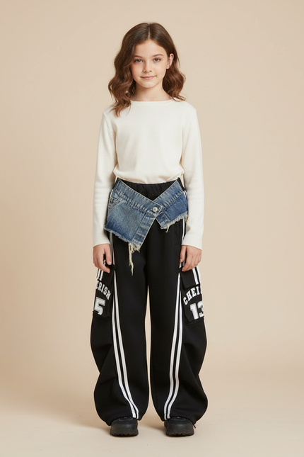 Pantalon Noir Cargo Ample Rayures Blanches Fille - Molleton