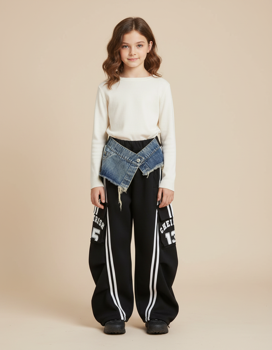 Pantalon Noir Cargo Ample Rayures Blanches Fille - Molleton