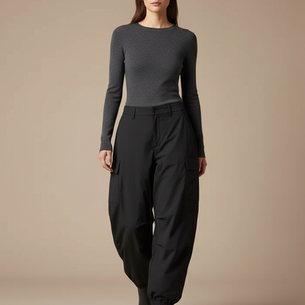 Pantalon Noir Cargo Ample Femme Hiver - Polyester