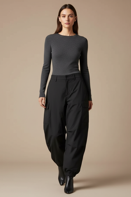 Pantalon Noir Cargo Ample Femme Hiver - Polyester