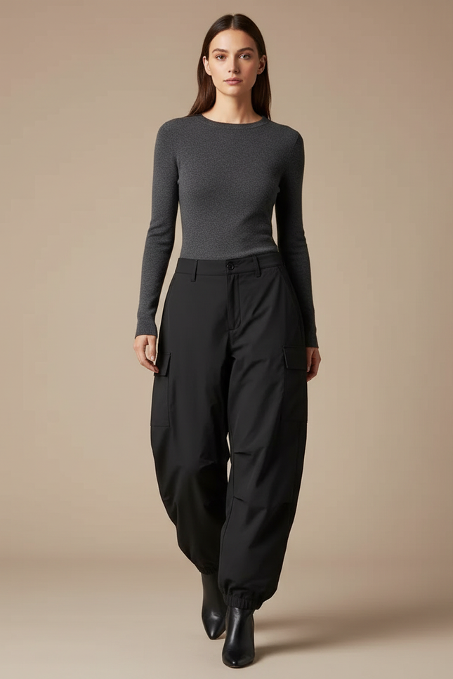 Pantalon Noir Cargo Ample Femme Hiver - Polyester