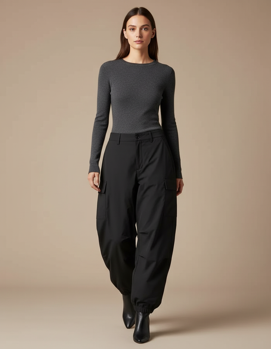 Pantalon Noir Cargo Ample Femme Hiver - Polyester