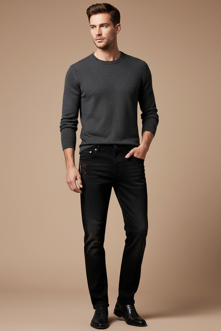 Pantalon Noir Homme Délavé Droit Décontracté - Jean