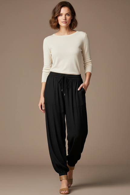 Pantalon Noir Fluide Ample Décontracté Cordon Femme - Viscose