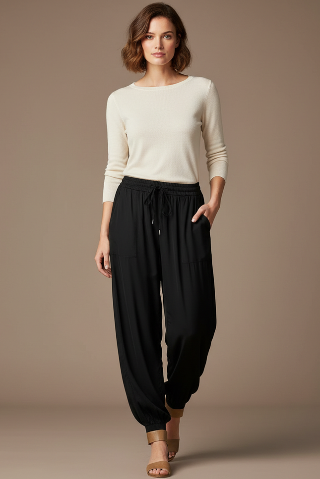 Pantalon Noir Fluide Ample Décontracté Cordon Femme - Viscose