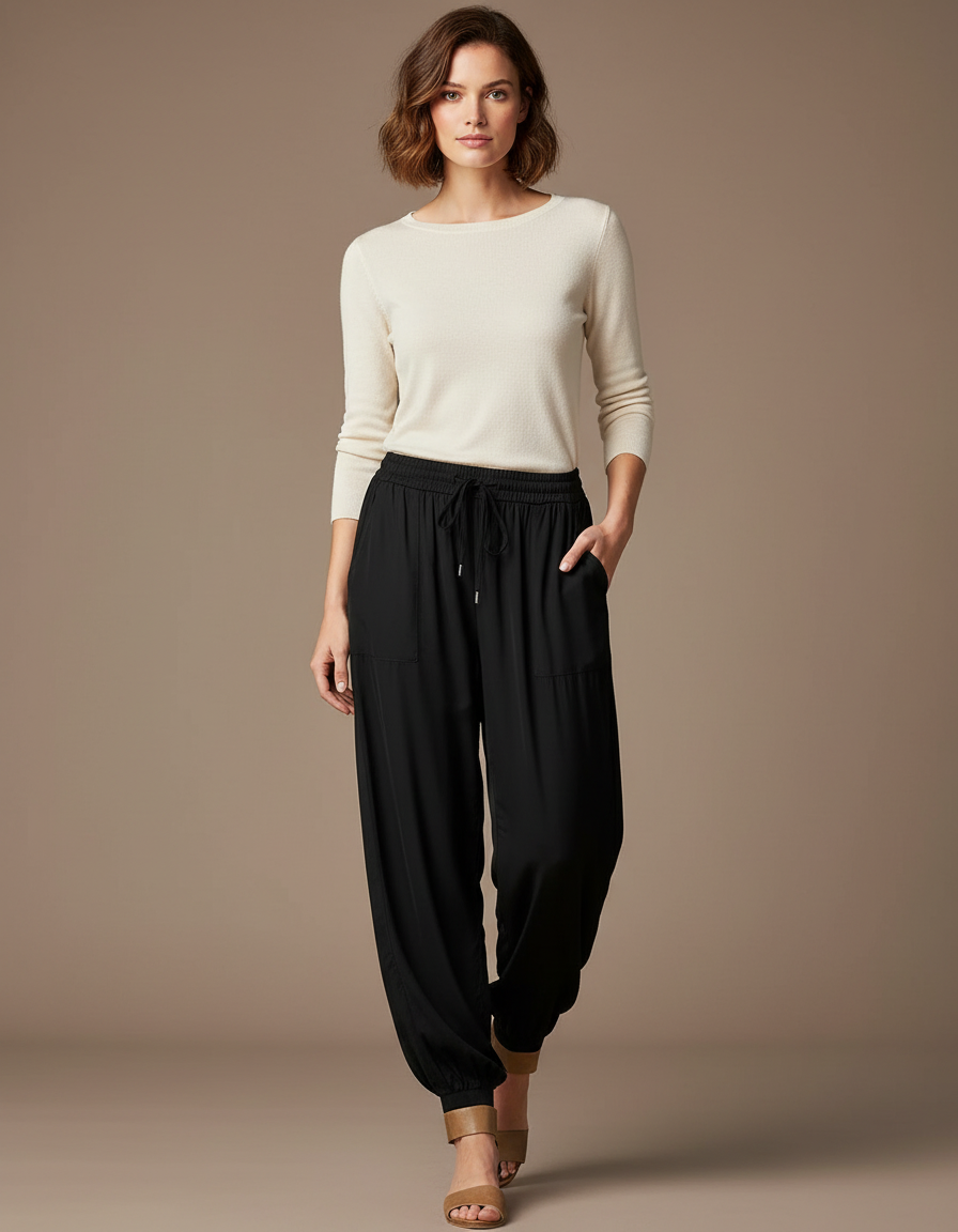 Pantalon Noir Fluide Ample Décontracté Cordon Femme - Viscose