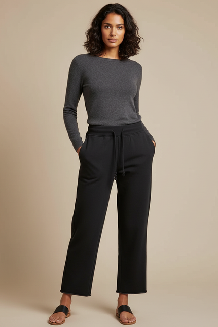 Pantalon Noir Ample Coton Décontracté Taille Basse - Molleton