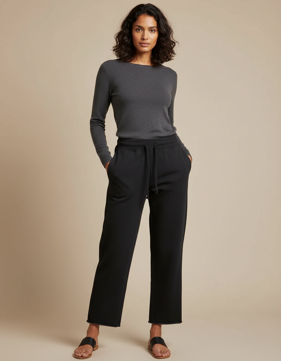 Pantalon Noir Ample Coton Décontracté Taille Basse - Molleton
