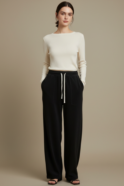 Pantalon Noir Côtelé Ample Taille Élastique Cordon Décontracté - Cordé