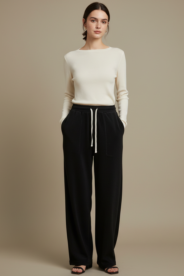 Pantalon Noir Côtelé Ample Taille Élastique Cordon Décontracté - Cordé