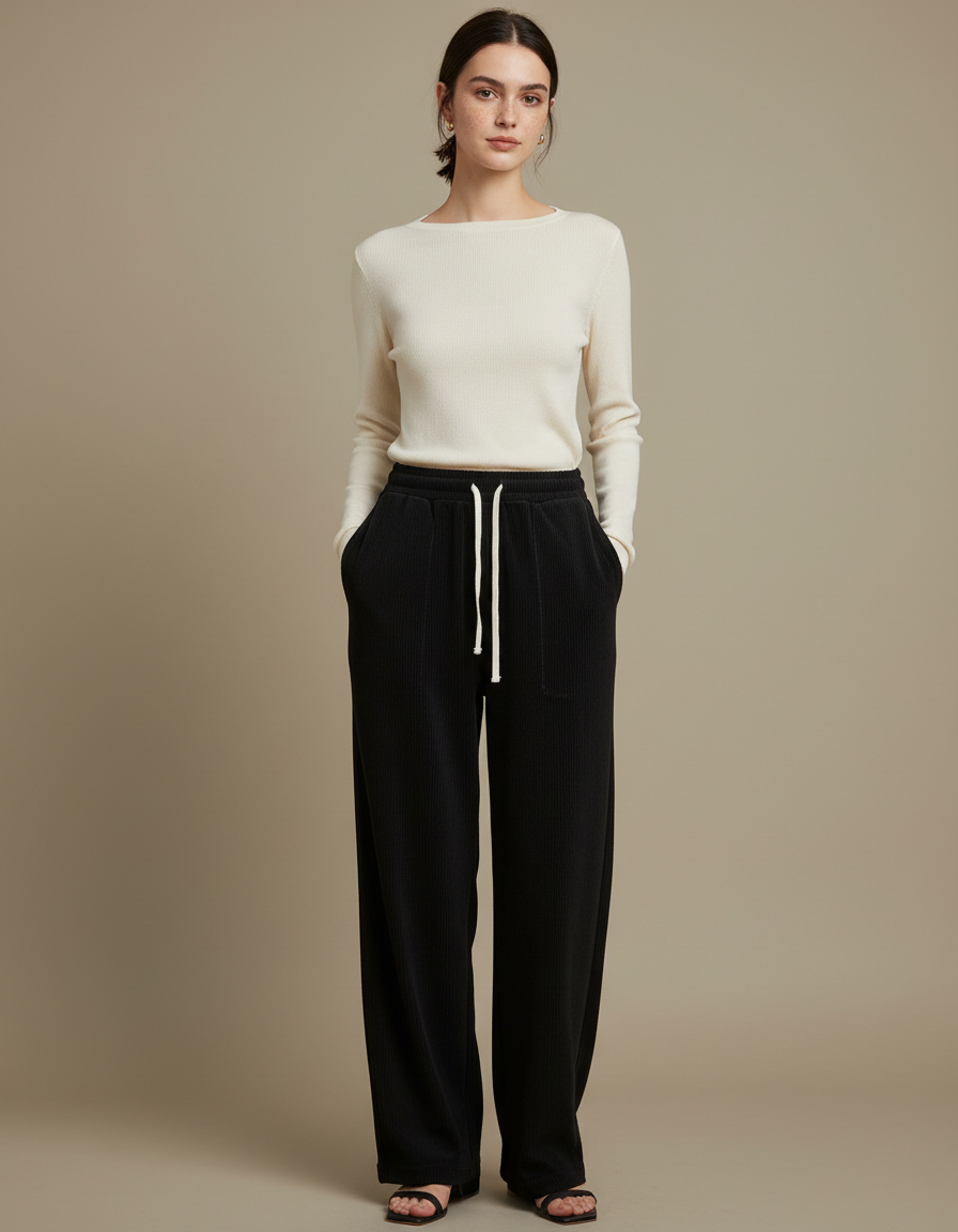 Pantalon Noir Côtelé Ample Taille Élastique Cordon Décontracté - Cordé