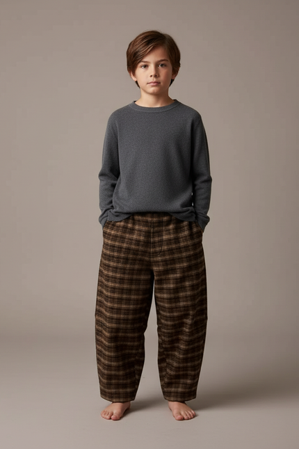 Pantalon Noir Plaid Ample Épais Chaud Enfant - Marron Tweed