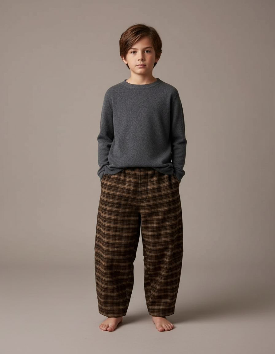 Pantalon Noir Plaid Ample Épais Chaud Enfant - Marron Tweed