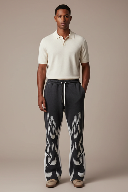 Pantalon Noir Évasé Imprimé Flammes Streetwear Décontracté Hip Hop - Molleton