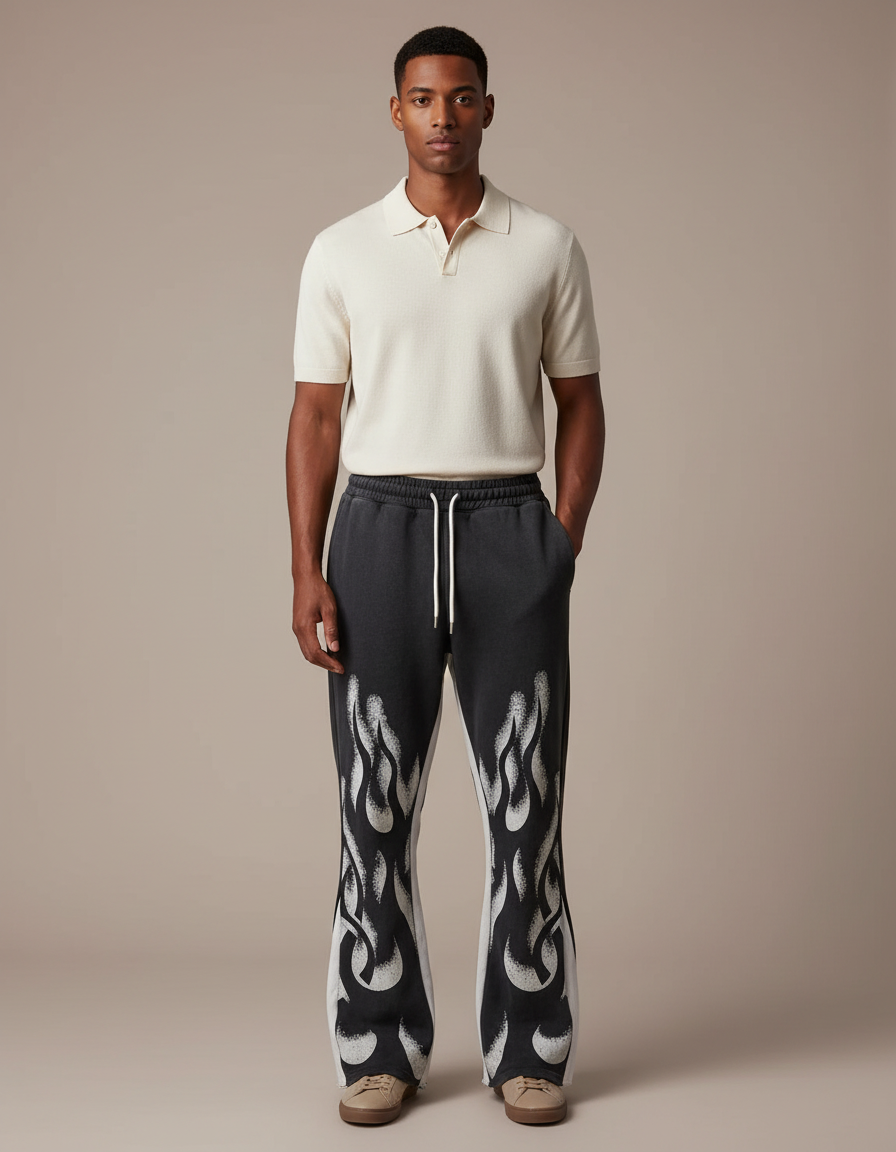 Pantalon Noir Évasé Imprimé Flammes Streetwear Décontracté Hip Hop - Molleton