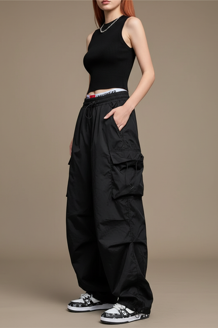 Pantalon Noir Parachute - Polyester