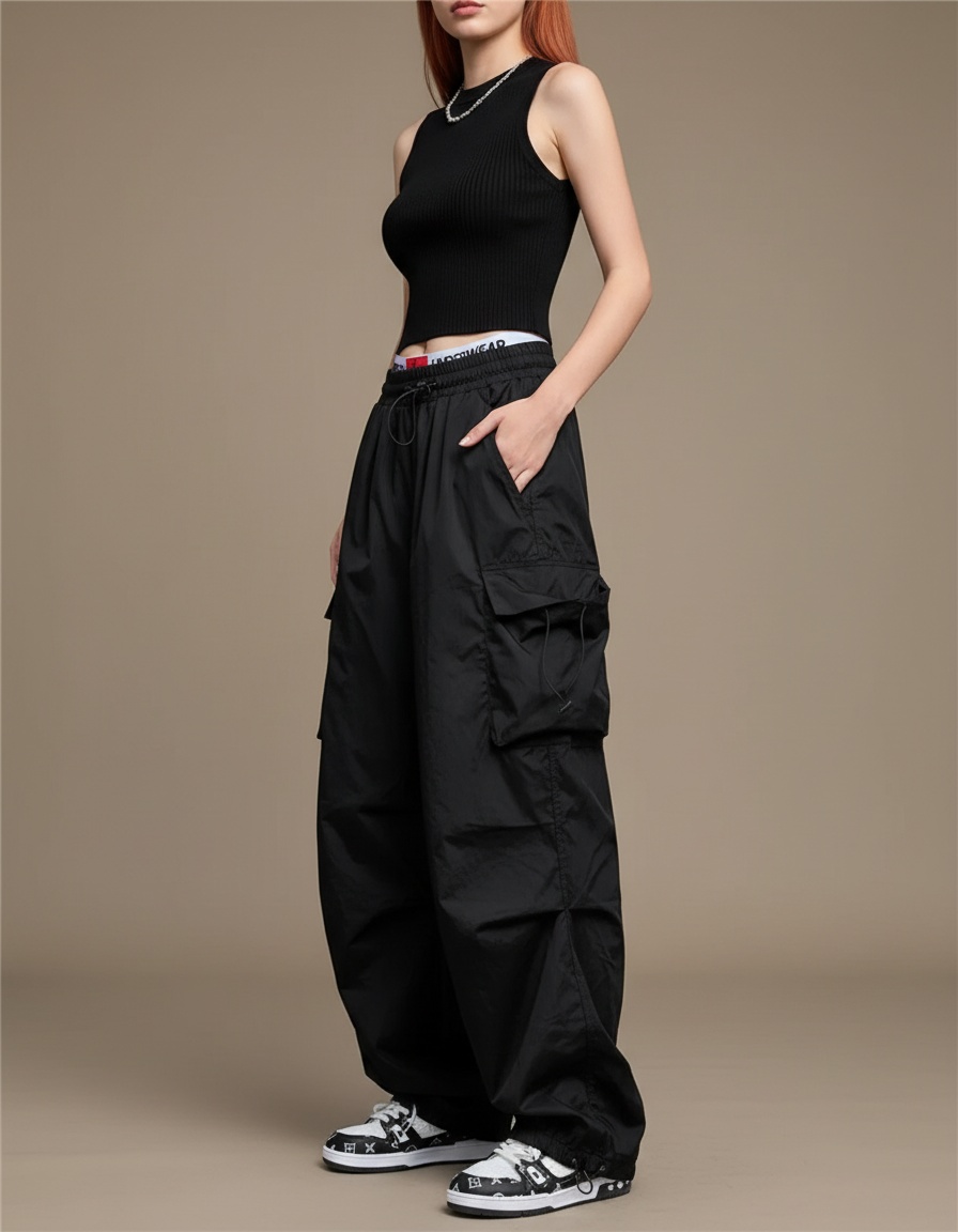 Pantalon Noir Parachute - Polyester