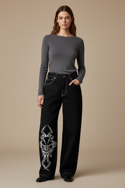 Pantalon Noir Large Brodé Crâne Streetwear Femme - Jean