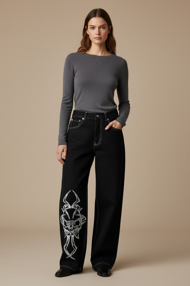 Pantalon Noir Large Brodé Crâne Streetwear Femme - Jean
