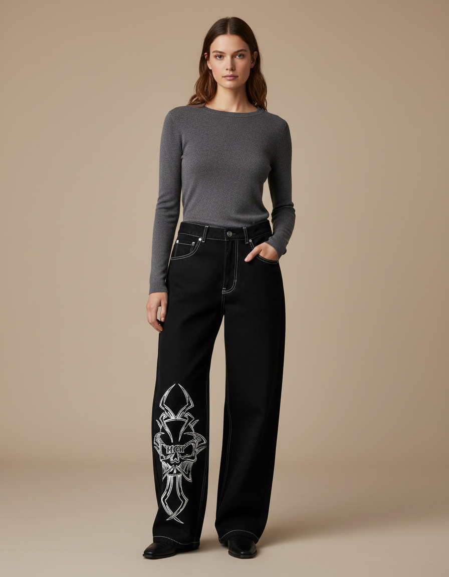 Pantalon Noir Large Brodé Crâne Streetwear Femme - Jean