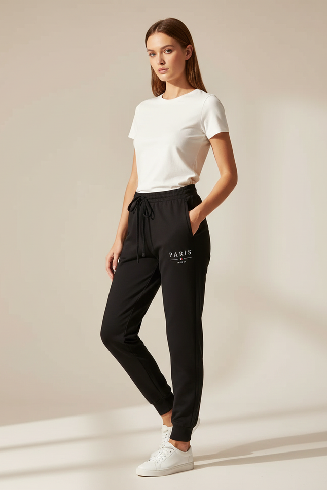Pantalon Noir Jogging Molletonné Sport Décontracté PARIS