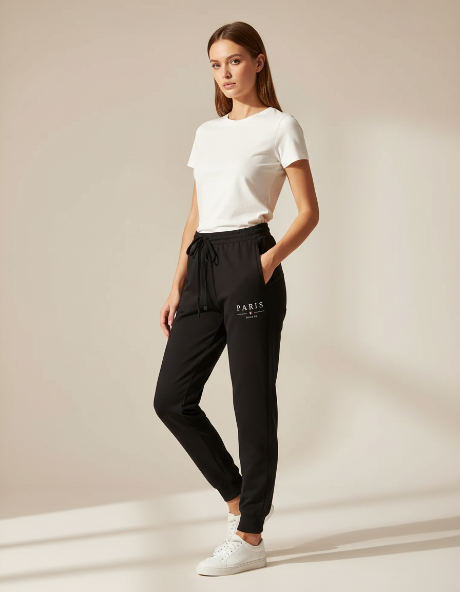 Pantalon Noir Jogging Molletonné Sport Décontracté PARIS