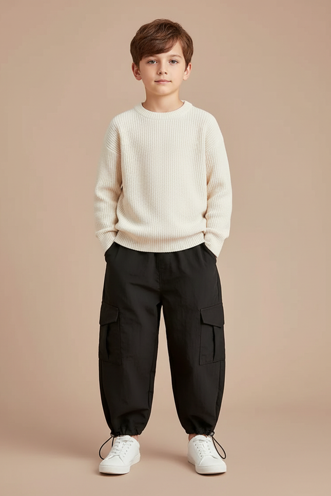 Pantalon Noir Cargo Ample Sport Enfant - Polyester