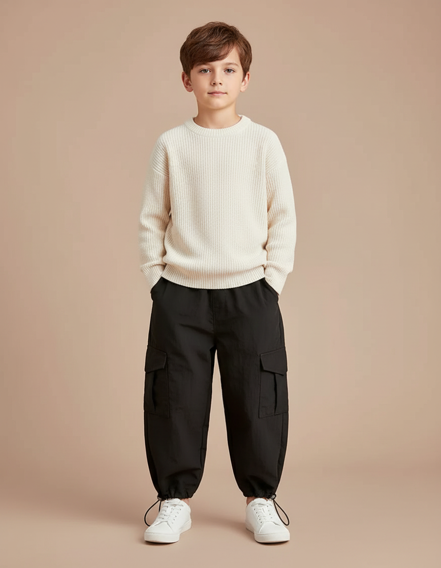 Pantalon Noir Cargo Ample Sport Enfant - Polyester